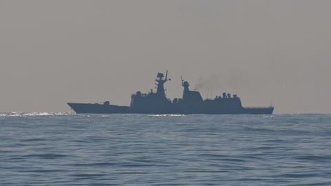 A Chinese warship is seen sailing in the West Philippine Sea, on April 27, 2025. (Daniel Ceng via Getty Images)