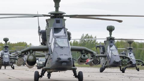 German Air Force helicopters get ready to take off in Panevezis, Lithuania, on May 6, 2025, during the Griffin Lightning 2025 military exercises. (Getty Images)