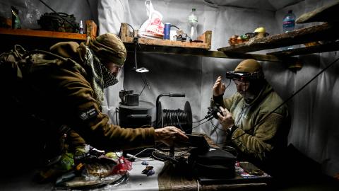 Fighters of the UAV unit of the Striletskyi Special Police Battalion of the Zaporizhzhia Regional Police Department in Ukraine on May 23, 2025. (Dmytro Smolienko via Getty Images)