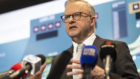 Australian Prime Minister Anthony Albanese speaks to media on June 3, 2025, in Perth, Australia. (Matt Jelonek via Getty Images)