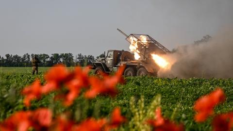 Soldiers of the rocket artillery battery of the 31st Separate Mechanized Brigade carry out a combat mission with a Grad MLR in the Velykomykhailivka direction in Odesa region, Ukraine, on June 6, 2025. (Ukrinform via Getty Images)