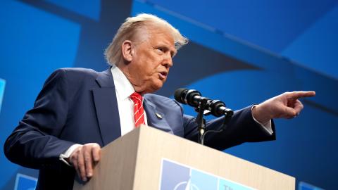 US President Donald Trump gestures as he speaks to the press following the NATO summit on June 25, 2025, in The Hague, Netherlands. (Andrew Harnik via Getty Images)