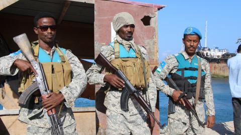 Puntland Maritime Police Forces are patrolling against the recently increasing pirate attacks off the coast in Puntland, Somalia on January 29, 2024. (Abuukar Mohamed via Getty Images)