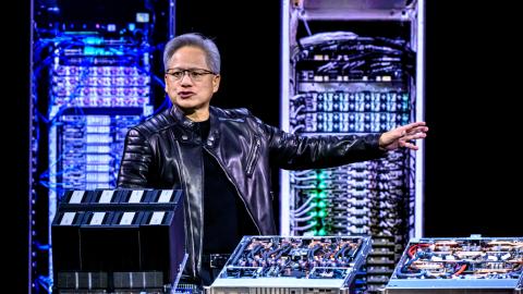 Nvidia CEO Jensen Huang speaks about new products as he delivers the keynote address at the GTC AI Conference in San Jose, California, on March 18, 2025. (Josh Edelson via Getty Images)