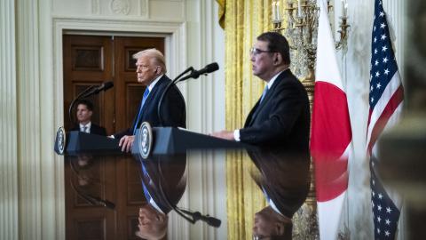 President Donald J Trump speaks with Japanese Prime Minister Shigeru Ishiba at the White House on February 7, 2025, in Washington, DC. (Jabin Botsford via Getty Images)