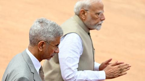 India's Prime Minister Narendra Modi and Foreign Minister Subrahmanyam Jaishankar attend the ceremonial reception of Angola's President Joao Lourenco at the presidential palace Rashtrapati Bhavan in New Delhi on May 3, 2025. (Money Sharma via Getty Images)