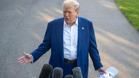 President Donald Trump takes questions from the press on the South Lawn of the White House on June 24, 2025. (Hu Yousong via Getty Images)
