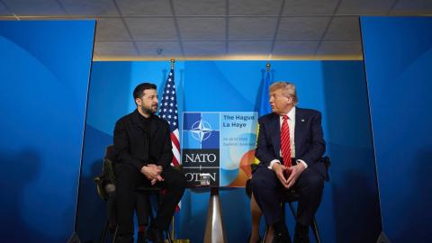 US President Donald Trump and Ukrainian President Volodymyr Zelenskyy meet during the NATO Heads of State and Government Summit in The Hague, Netherlands, on June 25, 2025. (Zelenskiy via Getty Images)