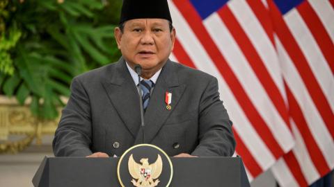 Indonesian President Prabowo Subianto and Malaysian Prime Minister Anwar Ibrahim (not pictured) hold a joint press conference following their meeting at the Merdeka Palace in Jakarta on June 27, 2025. (Bay Ismoyo via Getty Images)