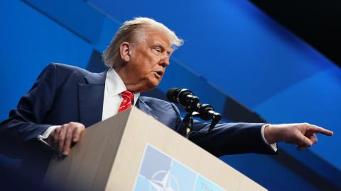 President Donald Trump speaks to the press following the NATO summit on June 25, 2025, in The Hague, Netherlands. (Andrew Harnik via Getty Images)