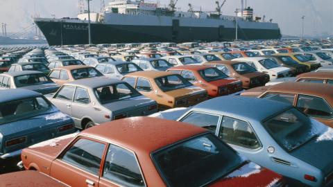 Exporting cars line up at Toyota Pier of Nagoya Port circa December 1976, in Nagoya, Aichi, Japan. (Asahi Shimbun via Getty Images)