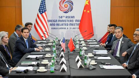 US Secretary of State Marco Rubio meets with Chinese Foreign Minister Wang Yi during an ASEAN foreign ministers’ meeting in Kuala Lumpur, Malaysia, on July 11, 2025. (Mandel Ngan via Getty Images)