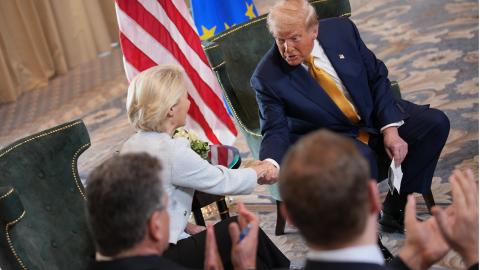 President Donald Trump shakes hands with President of the European Commission Ursula von der Leyen as he announces a trade deal with the EU at Trump Turnberry golf club on July 27, 2025, in Turnberry, Scotland. (Andrew Harnik via Getty Images)