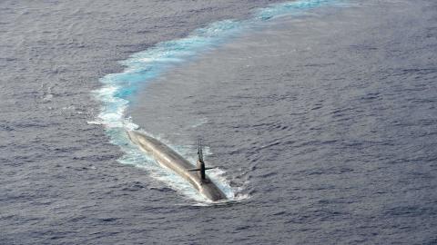 The Ohio-class ballistic-missile submarine USS Kentucky maneuvers during a routine armed air escort exercise on April 24, 2025. (US Navy photo)