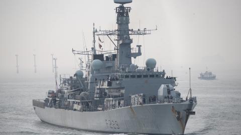 The Royal Navy type 23 frigate HMS Lancaster coming into Portsmouth Harbour on March 31, 2021. (Andrew Matthews via Getty Images)