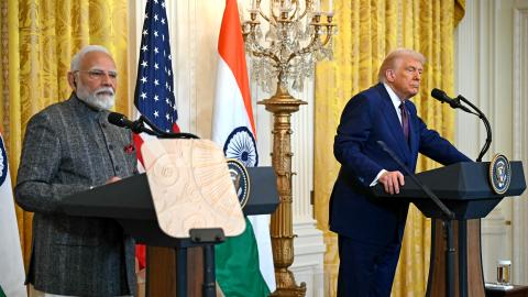 President Donald Trump and Indian Prime Minister Narendra Modi hold a joint press conference in the White House on February 13, 2025. (Andrew Caballero-Reynolds via Getty Images)
