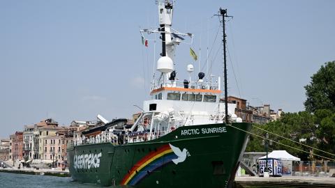 The international environmental group Greenpeace ship Arctic Sunrise is moored in the Venice lagoon in northern Italy on June 22, 2025. (Stefano Rellandini via Getty Images)