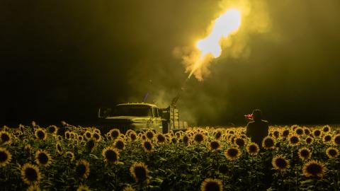 Ukrainian servicemen of a mobile air defense unit fire a Soviet-made ZU-23 anti-aircraft twin autocannon toward a Russian drone during an air attack near Pavlograd, Dnipropetrovsk Oblast, on July 19, 2025. (Roman Pilipey via Getty Images)