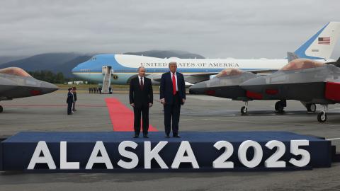 Vladimir Putin and President Donald Trump pose for a photo during the welcoming ceremony prior to their summit on August 15, 2025, in Anchorage, Alaska. (Getty Images)