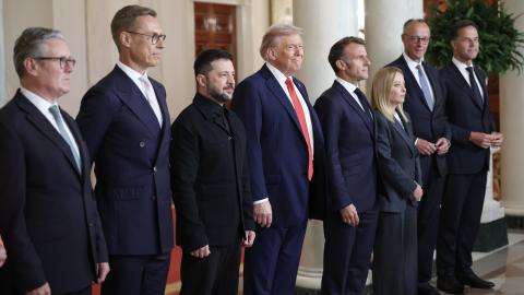 President Donald Trump and Ukrainian President Volodymyr Zelenskyy pose for a picture with European leaders following a meeting at the White House on August 18, 2025. (Win McNamee via Getty Images)