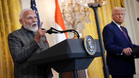 President Donald Trump (R) and Indian Prime Minister Narendra Modi hold a joint press conference in the East Room at the White House on February 13, 2025 in Washington, DC. Prime Minister Modi is meeting with President Trump to discuss tariffs and trade relations in the wake of President Trump’s announcement on implementing reciprocal tariffs. (Photo by Andrew Harnik/Getty Images)