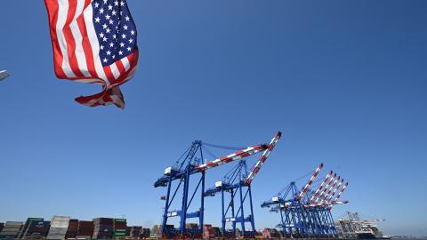 A US flag flies off the stern of a tour boat at the Port of Los Angele in California on July 31, 2025. (Getty Images)