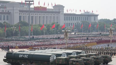 China’s liquid-fueled intercontinental strategic nuclear missiles DongFeng-5C pass through Tiananmen Square during a military parade on September 3, 2025 in Beijing. (Getty Images)