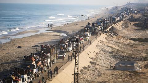 Displaced Palestinians move southward in the central Gaza Strip following renewed Israeli evacuation orders on September 18, 2025. (Getty Images)