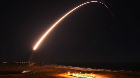 An Air Force Global Strike Command unarmed Minuteman III intercontinental ballistic missile launches during an operation test on February 23, 2021, at Vandenberg Air Force Base in California. (US Space Force)