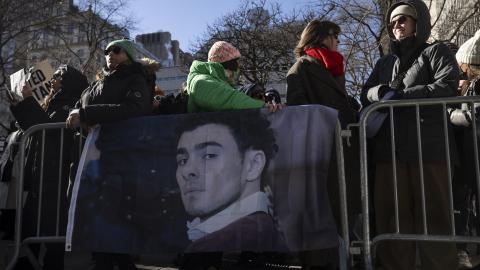 Luigi Mangione's supporters gathered outside Manhattan Criminal Court on Friday as he appeared in the court for his hearing on New York state murder and terrorism charges. New York City, U.S., February 21, 2025. (Photo by Mostafa Bassim/Anadolu via Getty Images)