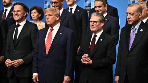 President Donald Trump, NATO Secretary General Mark Rutte, and leaders of other NATO countries pose for a photo during the NATO summit on June 25, 2025, in The Hague, Netherlands. (Getty Images)