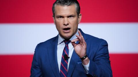 U.S. Secretary of War Pete Hegseth speaks to senior military leaders at Marine. (Getty Images)