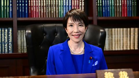 Sanae Takaichi, the newly elected leader of Japan's ruling party, the Liberal Democratic Party (LDP), poses in the party leader's office after the LDP leadership election in Tokyo on October 4, 2025. (Getty Images)