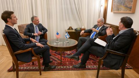 Israeli Prime Minister Benjamin Netanyahu (2nd R) meets with US President Donald Trump's Special Representative for the Middle East Steve Witkoff (2nd L) and Trump's son-in-law and former advisor Jared Kushner (L) in West Jerusalem on October 9, 2025. (Photo by Ma'ayan Toaf / GPO/Anadolu via Getty Images