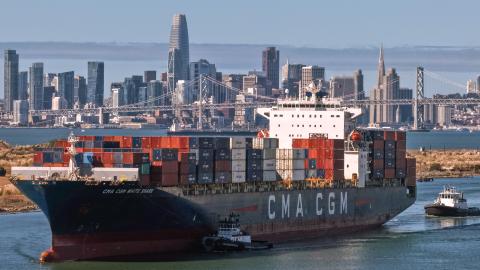 An aerial view of a container ship arriving at the Port of Oakland on October 10, 2025, in Oakland, California. (Getty Images) Share to Twitter