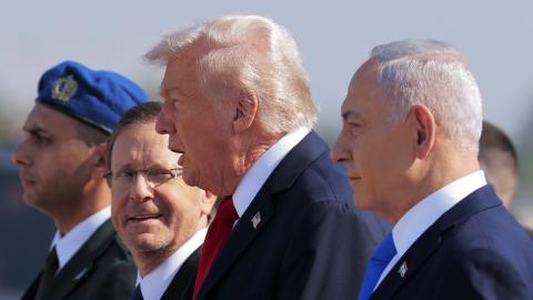 US President Donald Trump is welcomed by Israeli President Isaac Herzog and Prime Minister Benjamin Netanyahu at Ben Gurion International Airport on October 13, 2025, in Tel Aviv, Israel. (Getty Images)