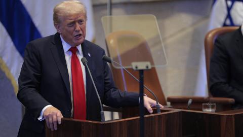 US President Donald Trump addresses the Knesset, Israel’s parliament, on October 13, 2025, in Jerusalem. (Getty Images)