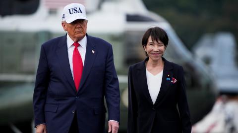 President Donald Trump and Japanese Prime Minister Sanae Takaichi arrive to speak to troops aboard USS George Washington at Fleet Activities Yokosuka on October 28, 2025, in Yokosuka, Japan. (Getty Images)