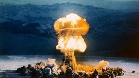 The fireball and plume from the Operation Plumbbob shot Priscilla atomic explosion are seen at Camp Mercury in Yucca Flats, Nevada, on June 24, 1957. (Getty Images)