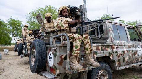 A Nigerian soldier loads his machine gun during training in Monguno, Nigeria, on July 5, 2025. (Getty Images)