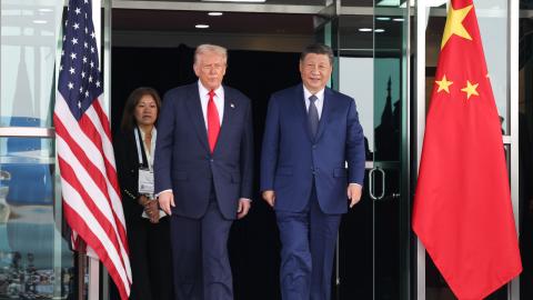 Chinese President Xi Jinping meets with U.S. President Donald Trump in Busan, South Korea, Oct. 30, 2025. (Photo by Huang Jingwen/Xinhua via Getty Images)