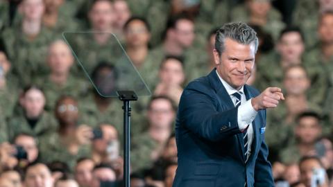Secretary of War Pete Hegseth delivers a speech ahead of the arrival of President Donald Trump aboard USS George Washington on October 28, 2025, in Yokosuka, Japan. (Getty Images)