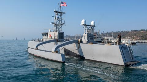 Seahawk, a medium uncrewed surface vessel prototype, departs Naval Base Point Loma, California, on August 6, 2025. (US Navy)