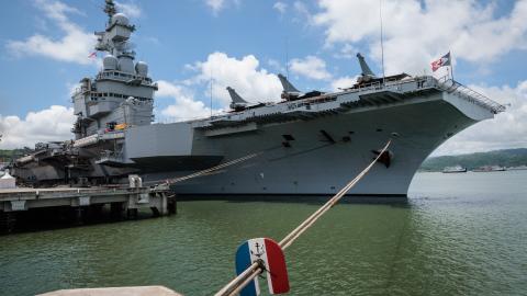 A rat guard painted in the tricolor of the French flag is seen as the French Navy’s nuclear-powered aircraft carrier Charles de Gaulle is docked in Indonesia on January 28, 2025. (Getty Images)
