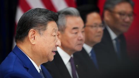 Chinese President Xi Jinping Chinese Foreign Minister Wang Yi attend a meeting with President Donald Trump at Gimhae Air Base on October 30, 2025, in Busan, South Korea. (Getty Images)