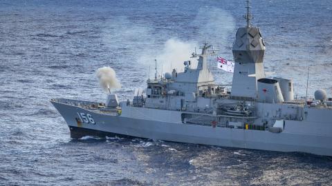 HMAS Toowoomba conducts a live fire gunnery serial while sailing through the Western Australian Exercise Area in March 2025. (Australian Department of Defense)