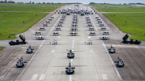 Edited version of US Air Force, US Navy, and US Marine Corps aircraft along with US Army Patriot missile batteries line up on the runway for an elephant walk during a routine operational readiness