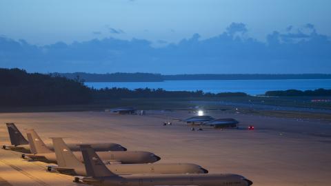 US Air Force B-2 Spirit stealth bombers and KC-135 Stratotanker aircraft are maintained on the flightline during a combat deployment at Diego Garcia in the Chagos Archipelago on April 16, 2025. (US Air Force)