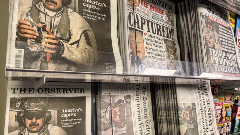 Newspaper front pages display stories on the capture and arrest of President Nicolas Maduro from Venezuela in a newsagent shop, on January 4, 2026, in Somerset, England. (Getty Images)