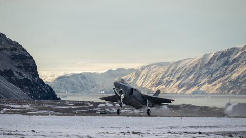 A North American Aerospace Defense Command F-35 Lightning II fighter aircraft lands at Pituffik Space Force Base in Greenland on October 7, 2025. (US Air Force)